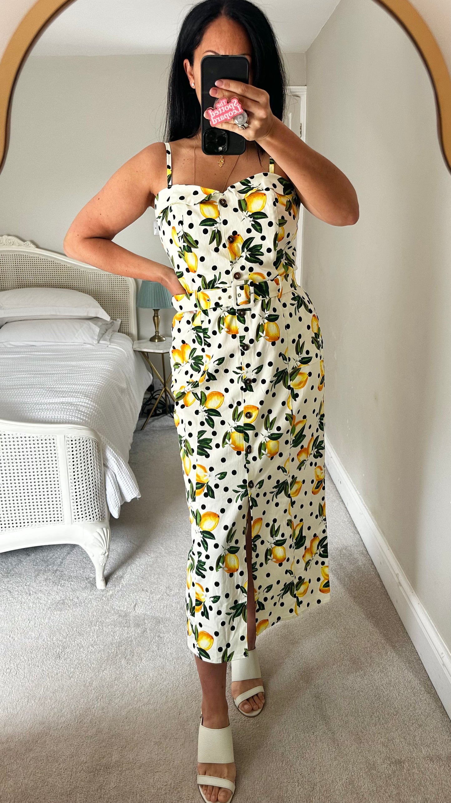 Oasis lemon print polka dot button up event dress wedding guest medium UK 14 new
