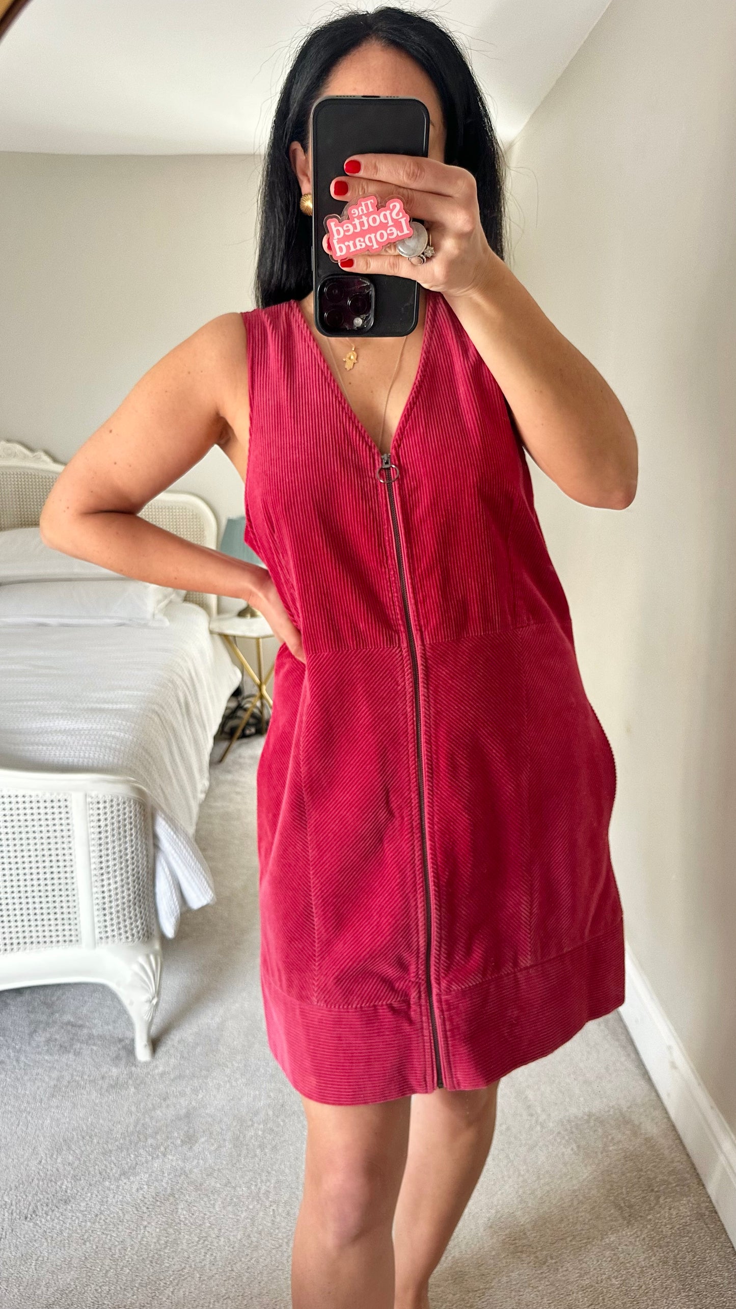 Oliver Bonas pink berry corduroy zip front mid length dress medium UK 14 new bnwot