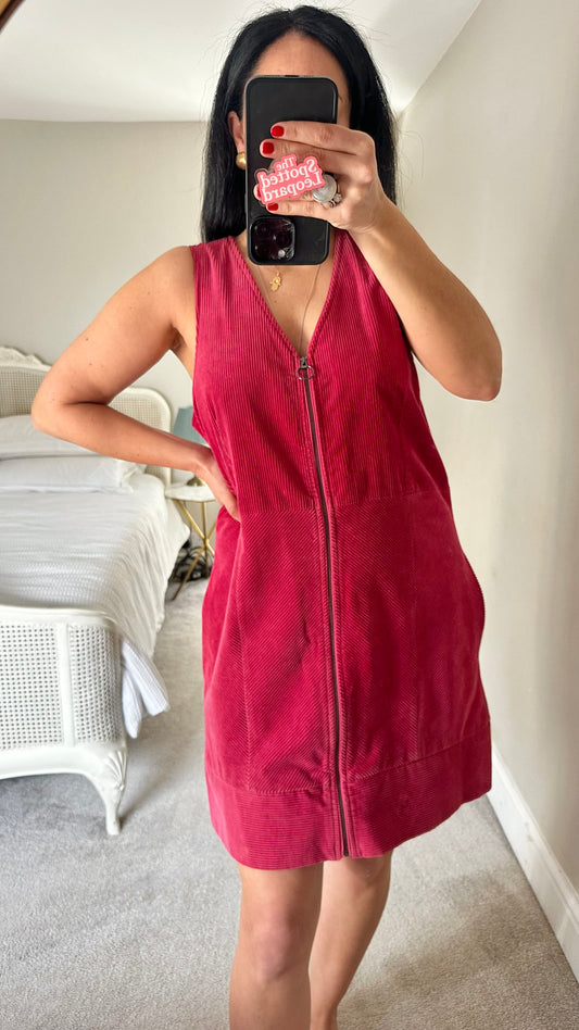 Oliver Bonas pink berry corduroy zip front mid length dress medium UK 14 new bnwot