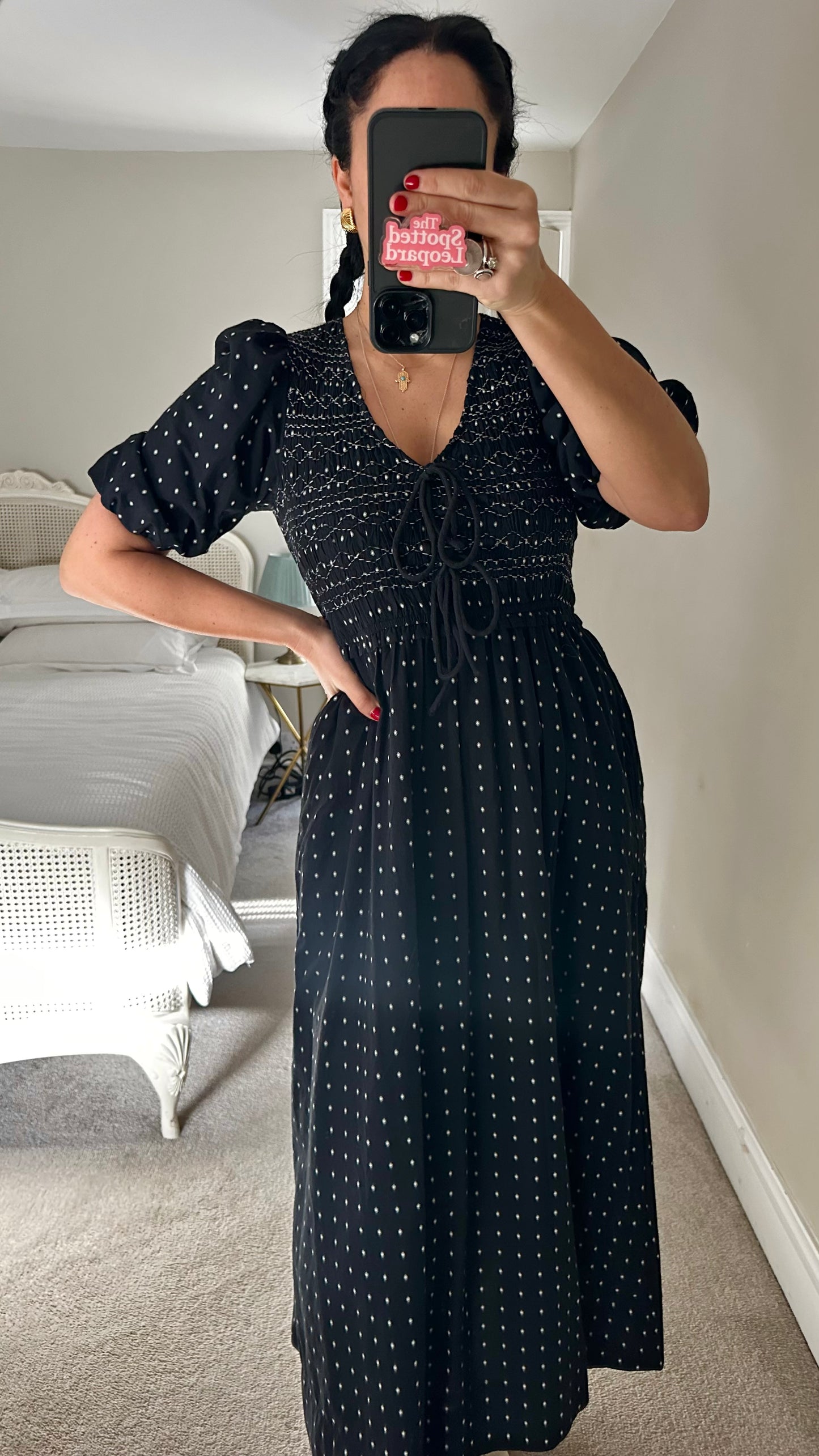 Oliver Bonas black white polka dot cotton maxi dress small UK 8-10 long vgc