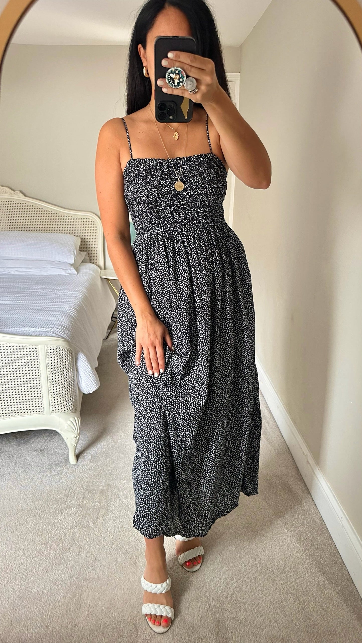 & other stories black white shirred bust midi maxi slip dress medium UK 12 vgc holiday