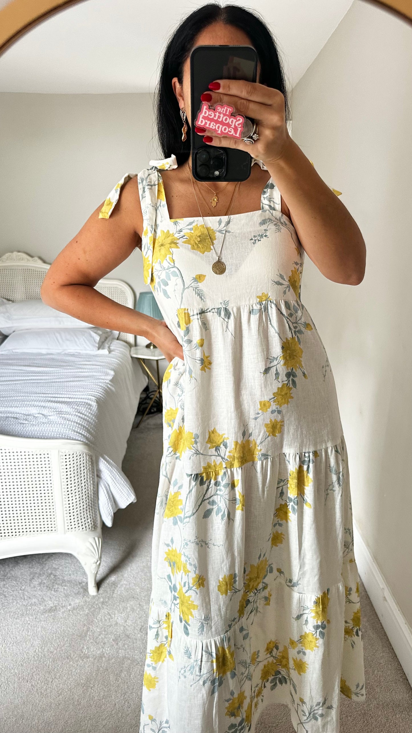 Feather & Bone @ Anthropologie white yellow tiered linen holiday dress medium UK 12-14 vgc