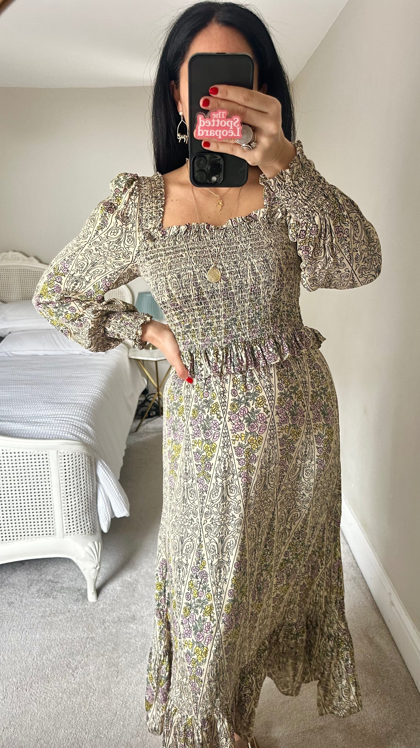 Kitri green cream pink boho shirred bust midi long dress small UK 10 vgc