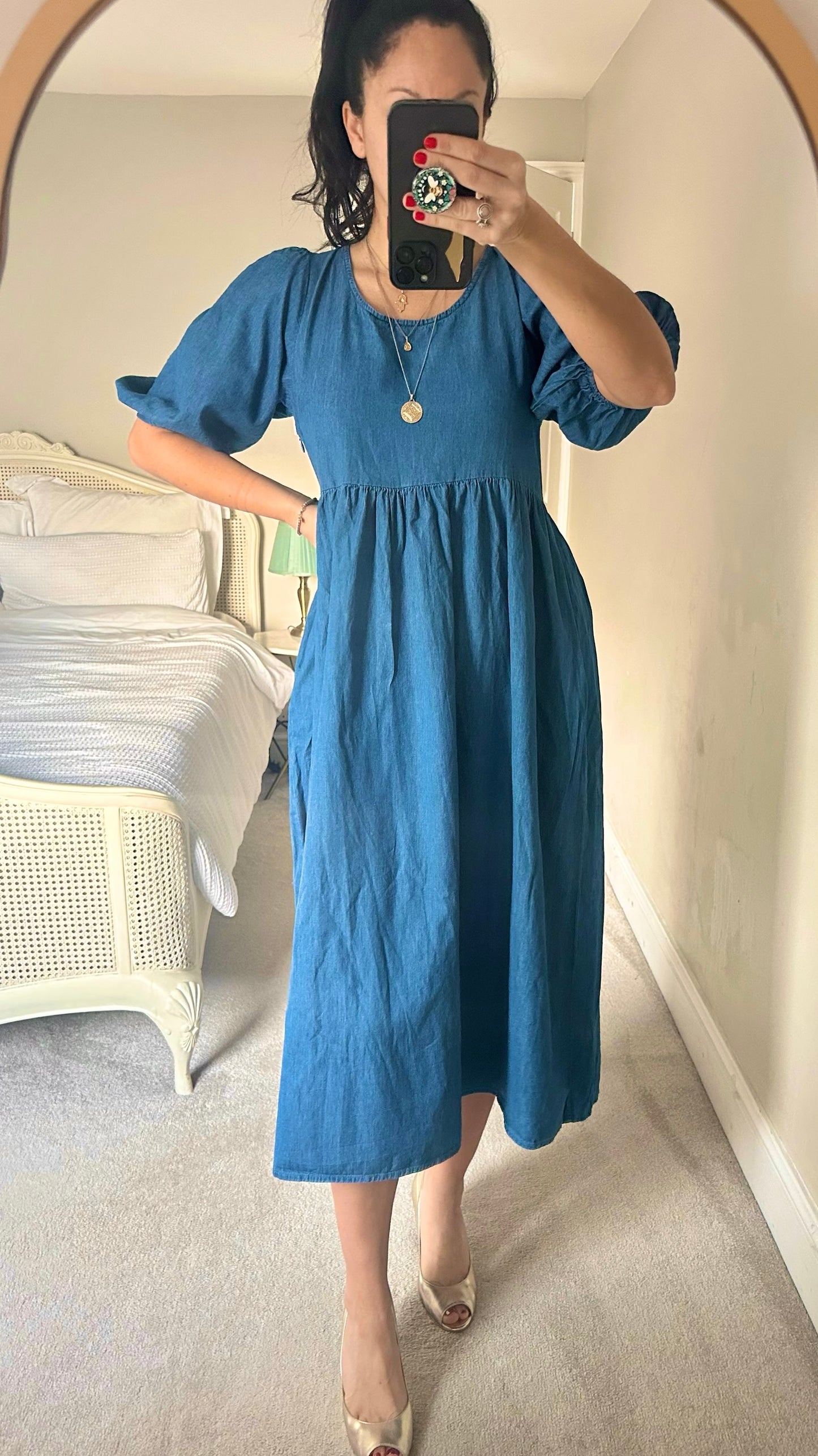 Albaray blue denim midi/maxi smock dress large L UK 12 vgc