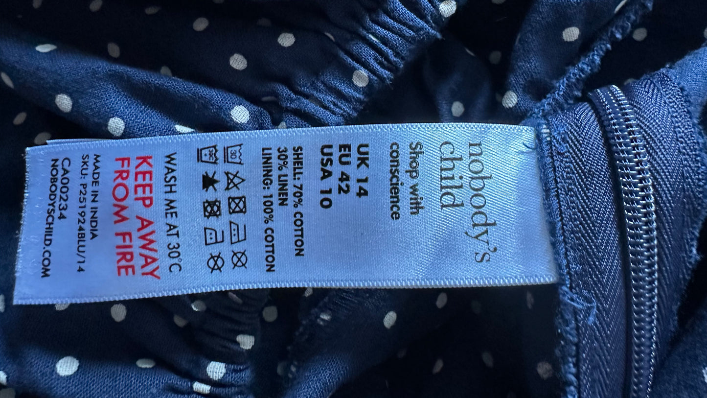 Nobody’s Child navy blue cream polka dot linen blend jumpsuit trousersuit medium UK 12 vgc