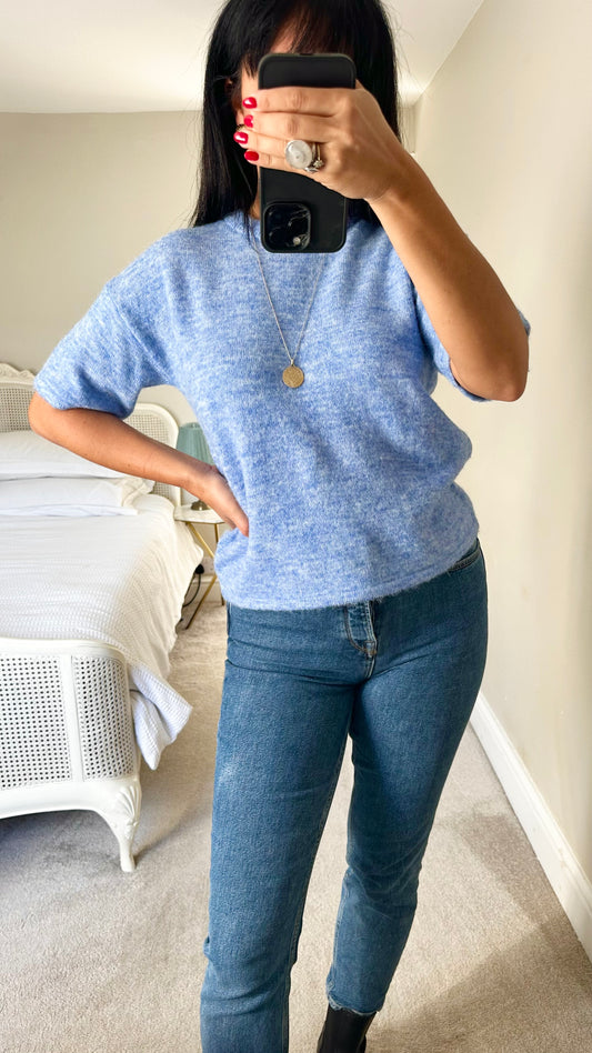 Selected femme @Anthropologie light blue merino wool blend short sleeve knitted jumper small S UK 8 NWT