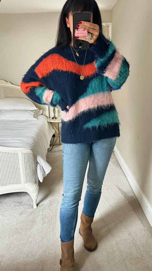 Zara navy blue wool blend oversized knitted jumper medium UK 10-12 vgc