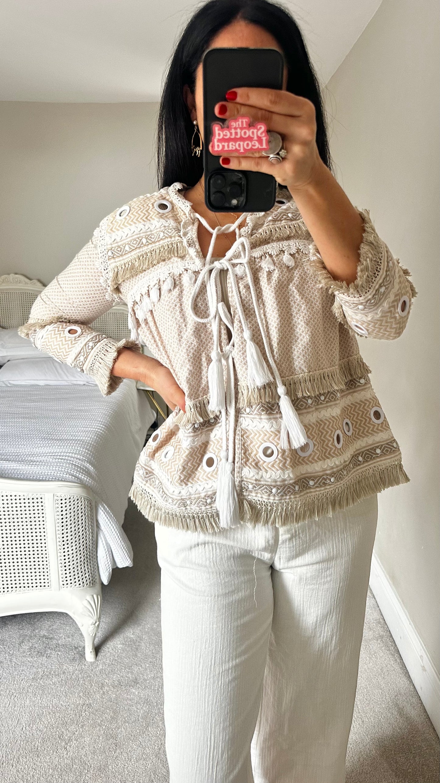 Dodo Baror beige cream white tassel co ord two piece suit boho holiday shorts small UK 8 vgc