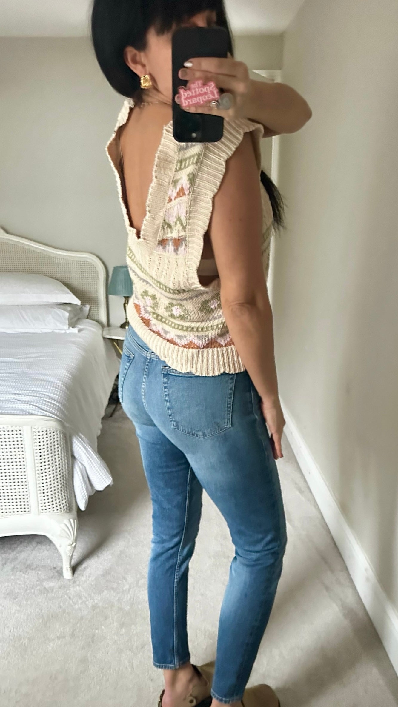 Anthropologie cream olive green vintage style crotchet knit top vest L large UK 14 excellent used condition