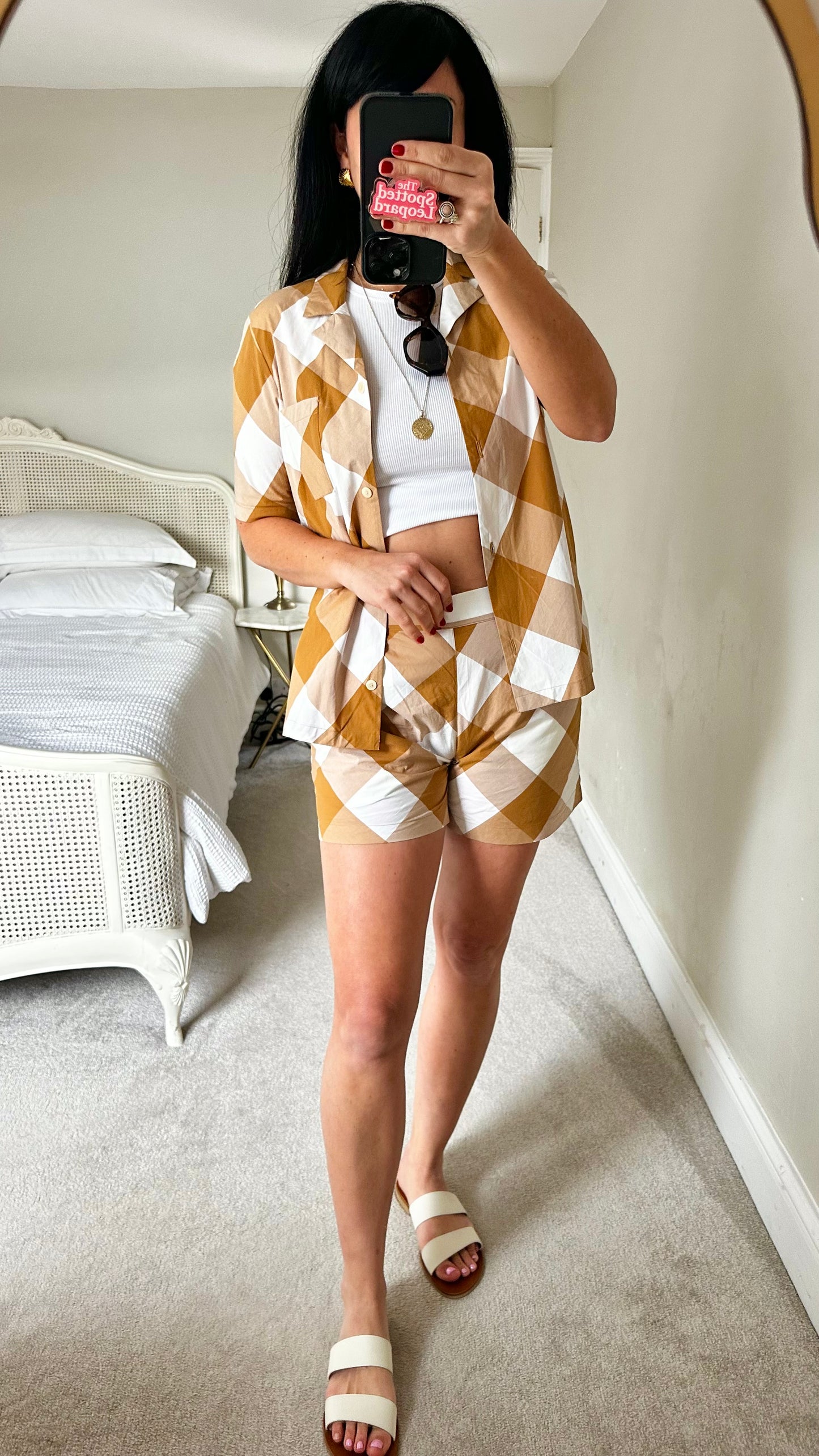 FOLK brown beige white gingham co ord shorts shirt set vgc