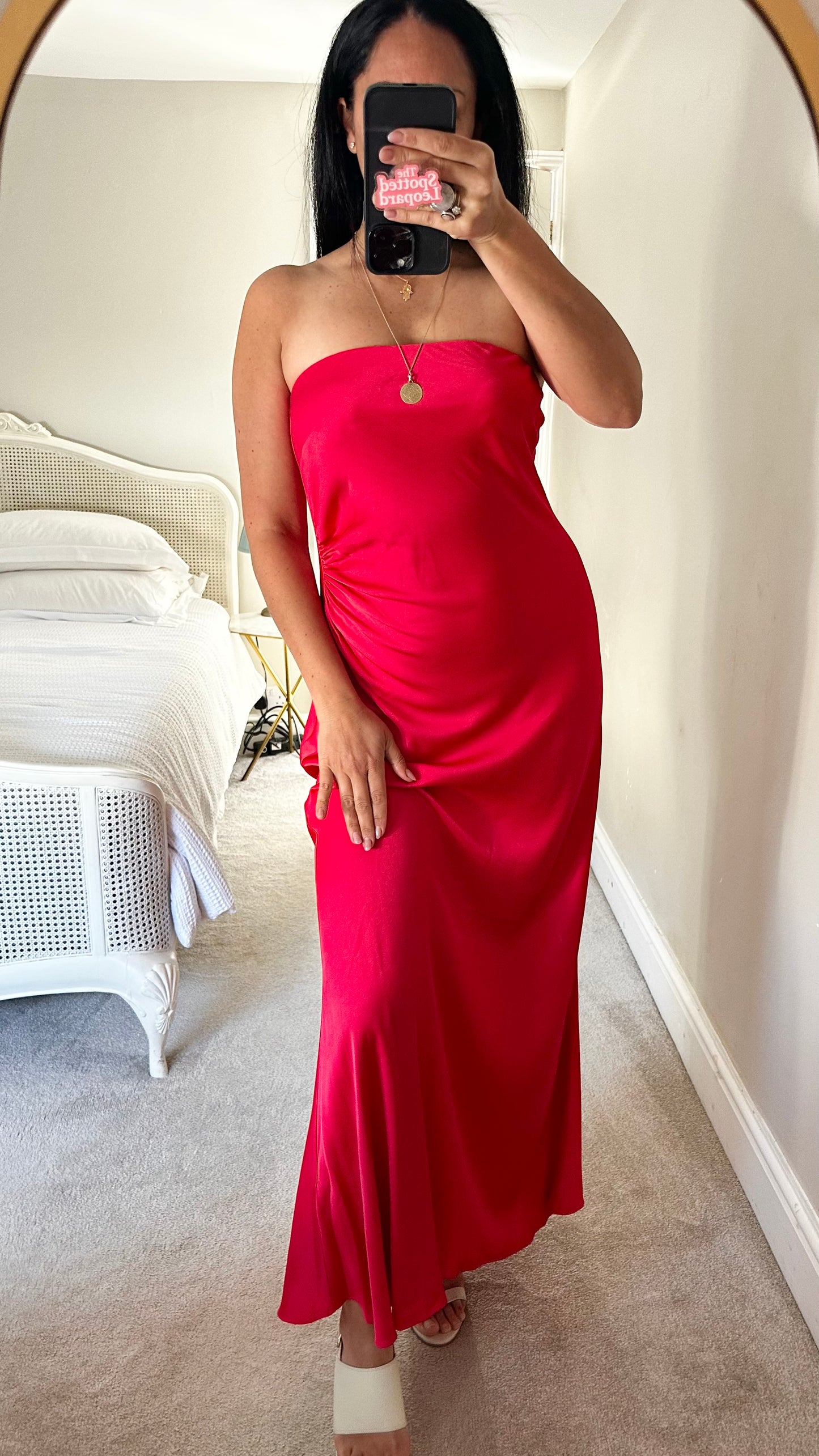 Forever New red coral pink strapless midi long dress wedding guest medium UK 14 vgc