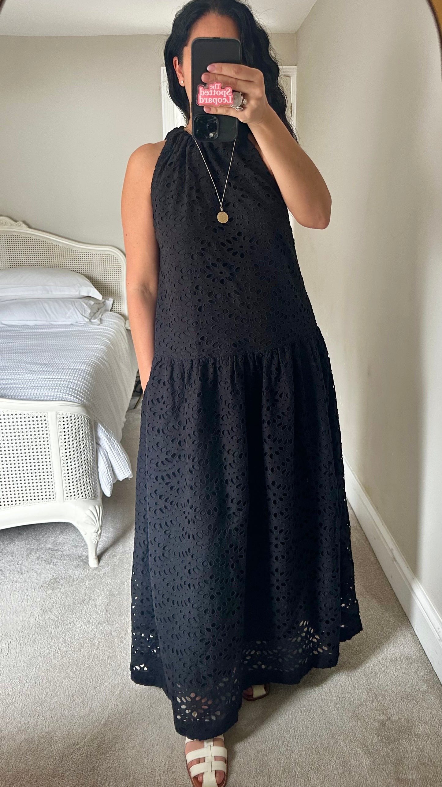 Warehouse black cotton maxi long holiday dress medium UK 12 vgc