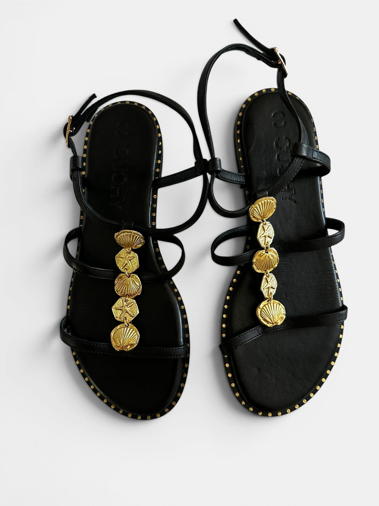 Cuchy @ Net a Porter black gold leather shell sandals flip flops shoes UK 5 EU 38 vgc
