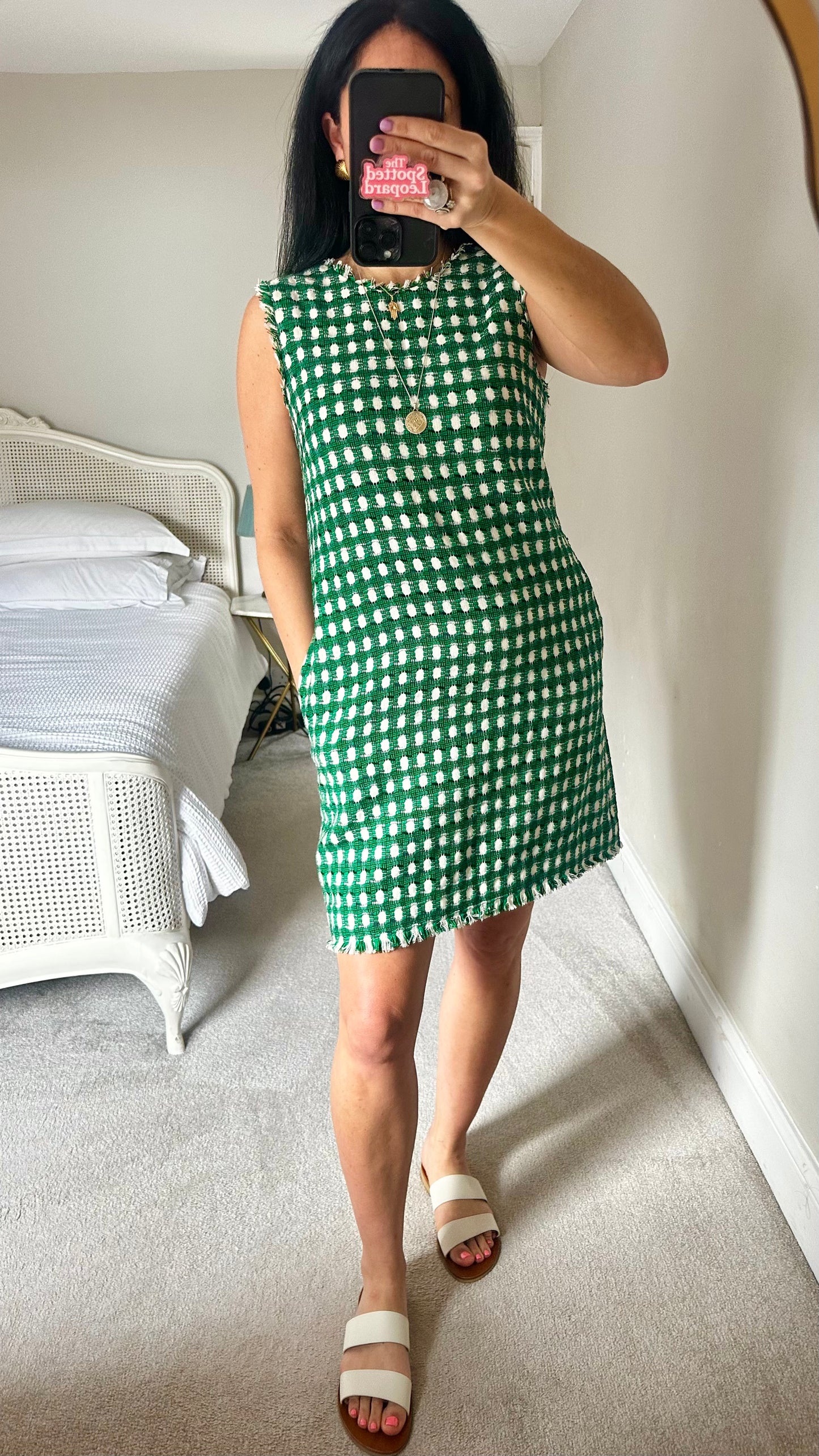 LK Bennett Green white check gingham mid length dress medium UK 12 vgc