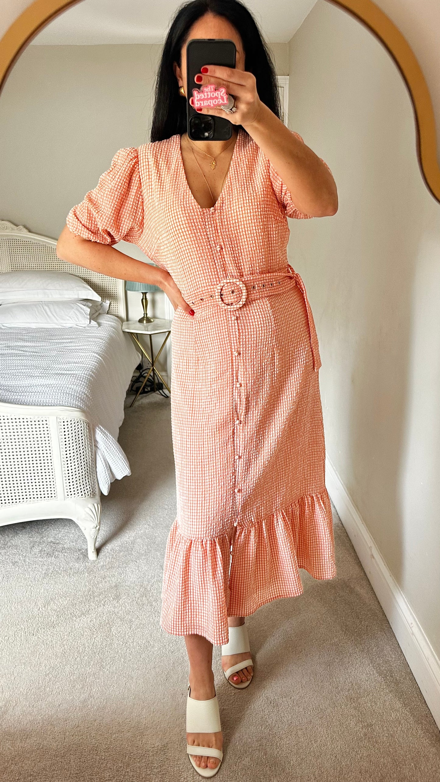 Warehouse coral Orange check gingham midi long dress medium UK 12-14 vgc