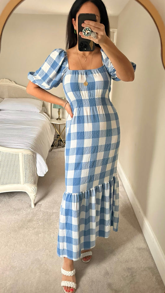 Nobody’s child blue white large gingham check puff sleeve maxi dress holiday small S UK 8 vgc