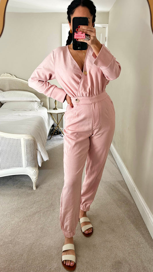 YAS rose soft pink jumpsuit boiler suit medium UK 10-12 vgc holiday