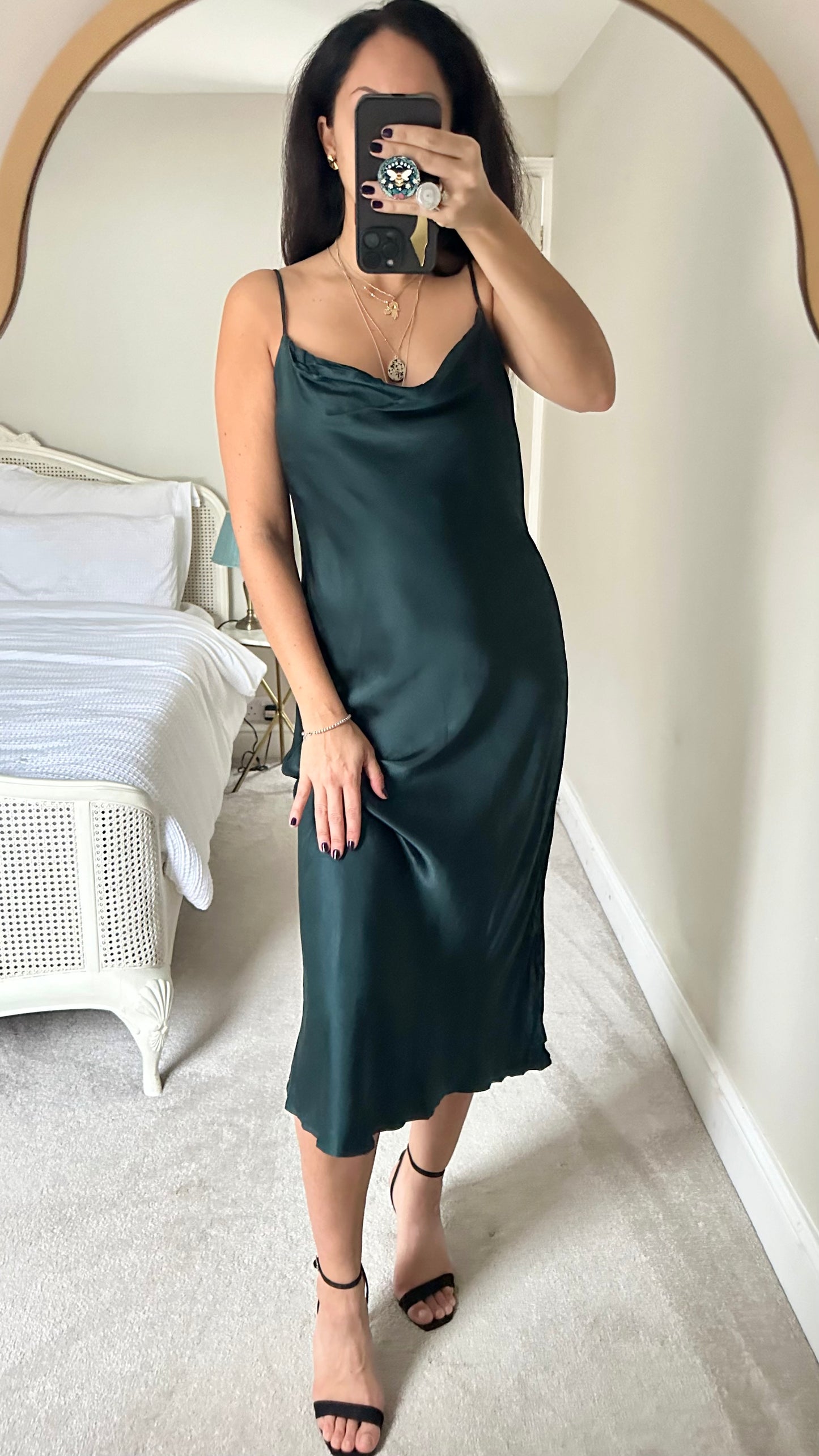 Zara deep green satin slip dress medium large UK 10 12 vgc party event