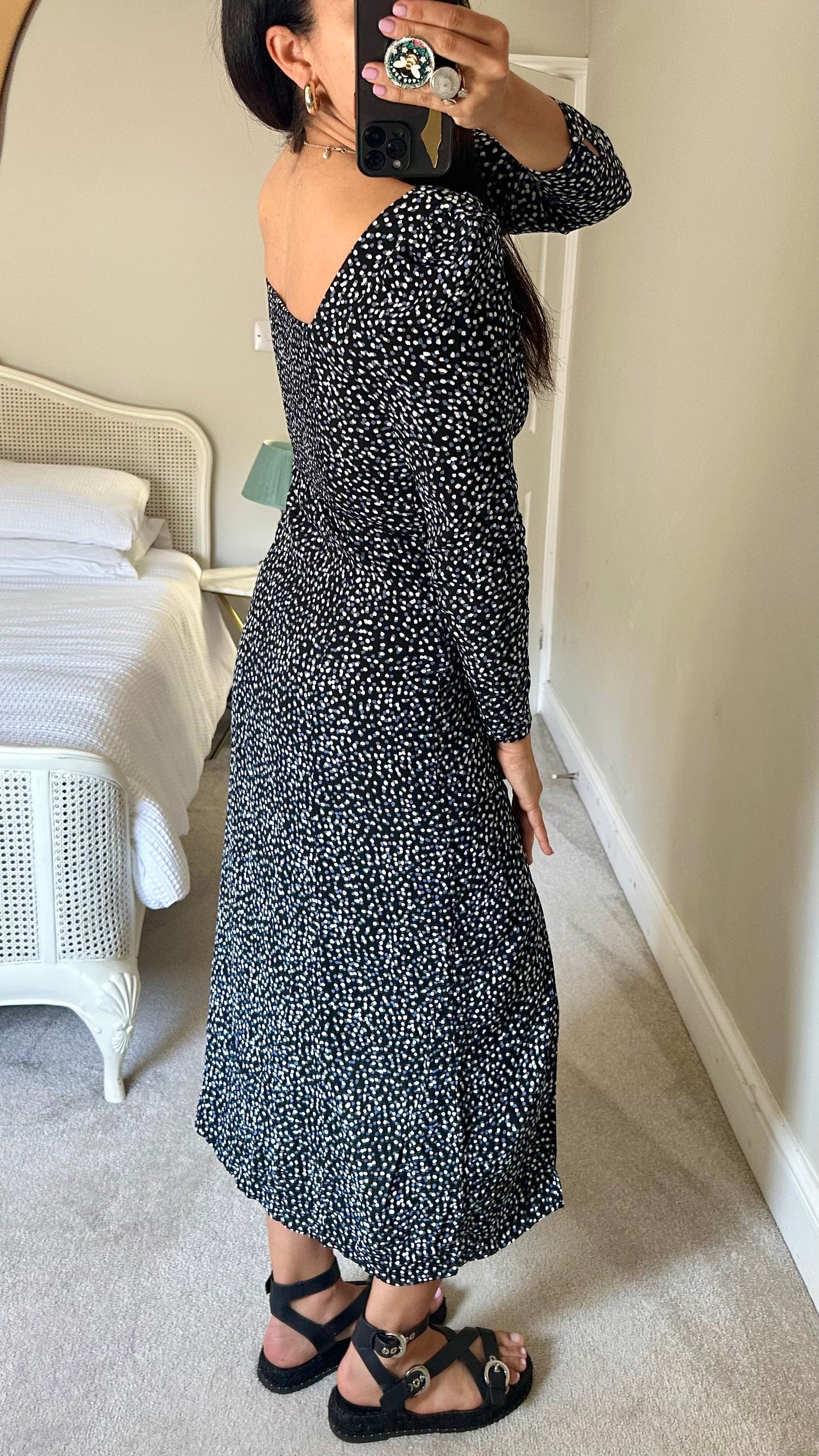 & other stories black white blue polka dot side split midi long dress small UK 10 vgc