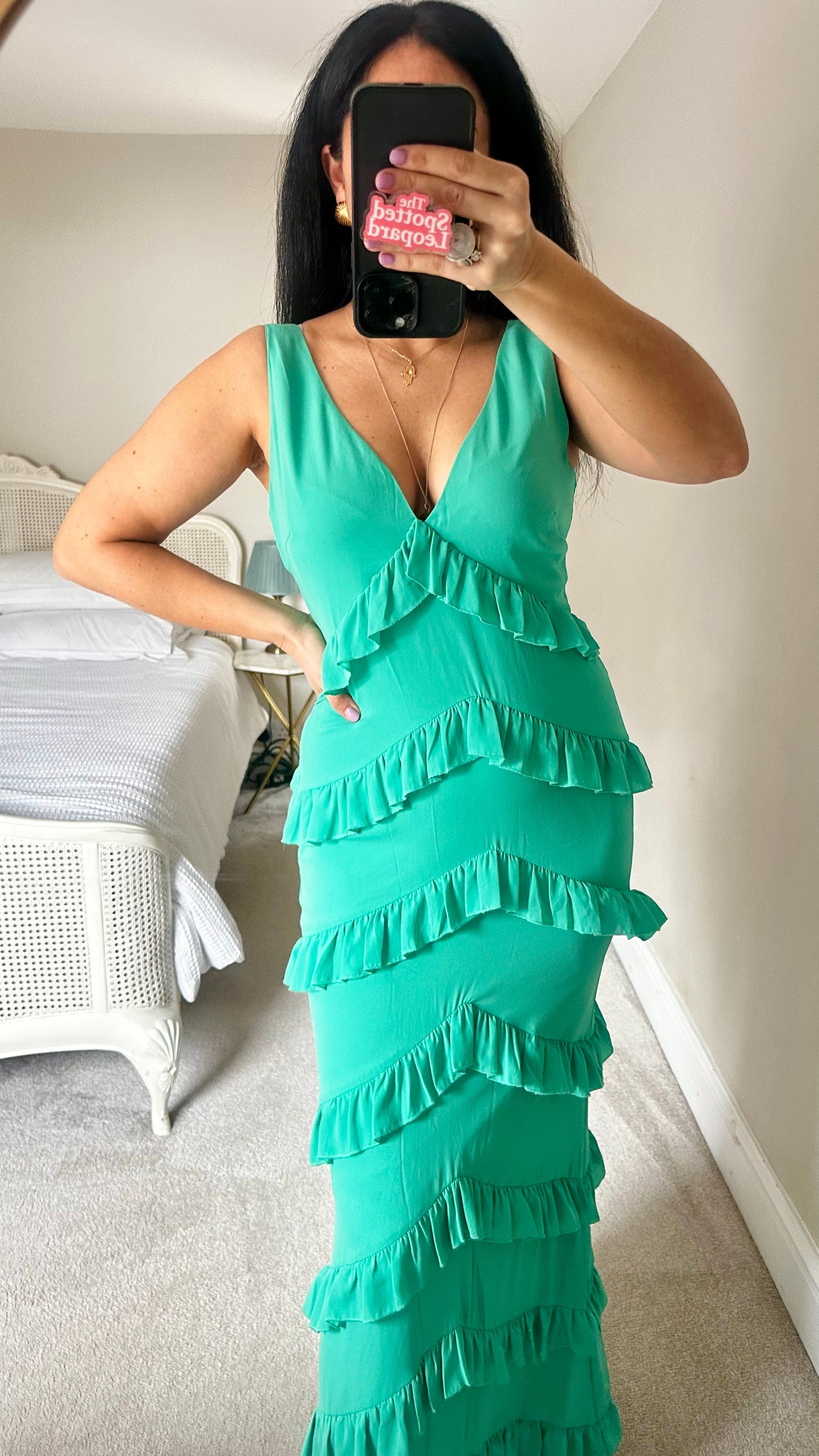 Pretty Lavish turquoise green frill maxi long event dress small UK 10 vgc