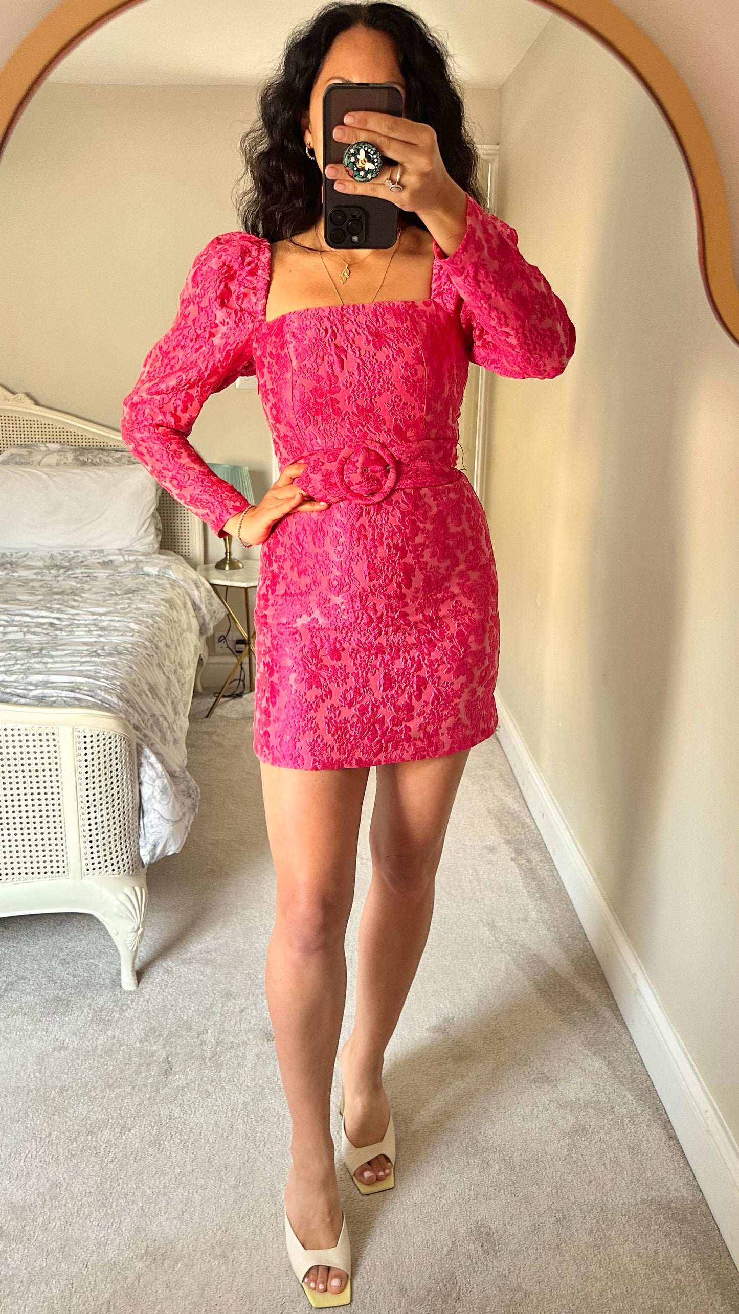 & other stories fuschia pink brocade Emily in Paris mini dress belted xs extra small UK 6