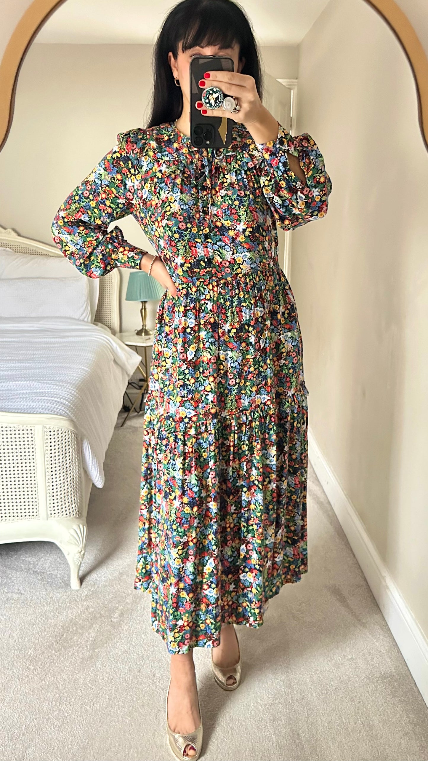 Albaray black blue floral midi maxi dress small UK 8 vgc