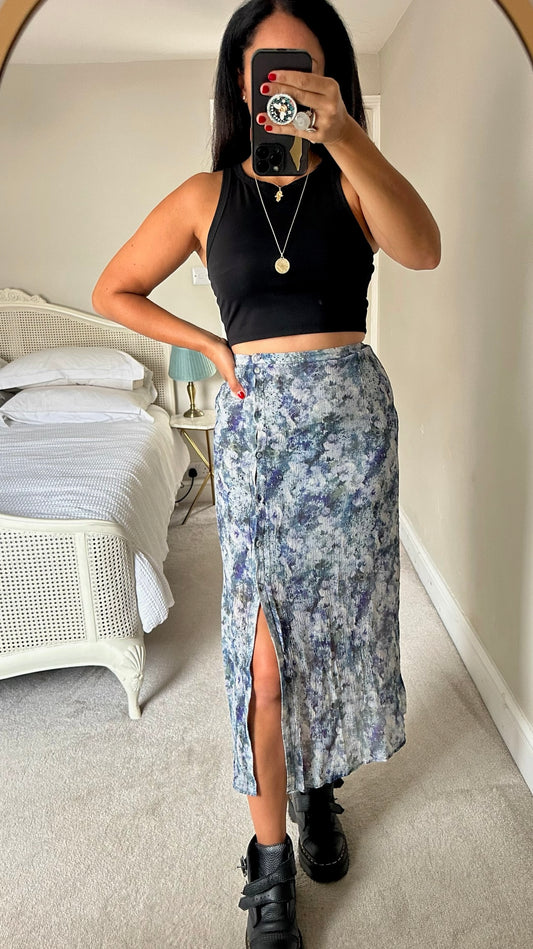 & other stories blue mottled sheer midi side split skirt event small UK 8 vgc w25