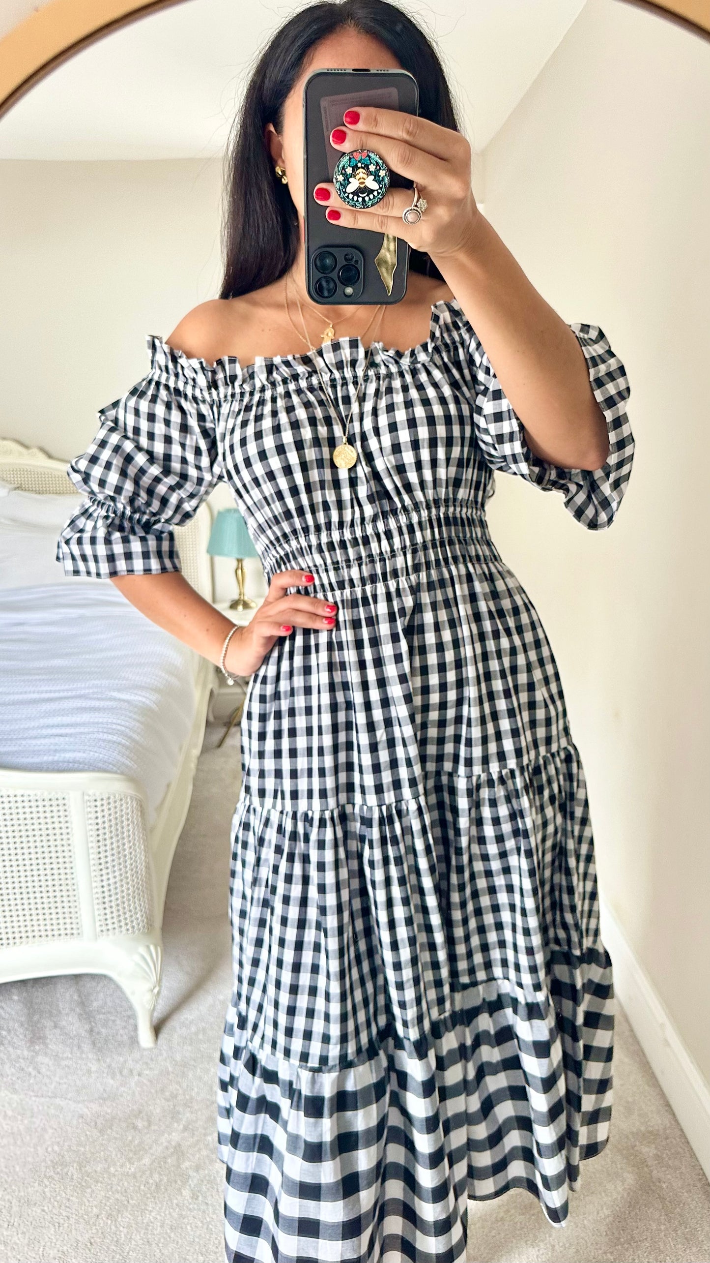 Kitri off shoulder gingham black white check midi long dress tiered medium UK 12 vgc