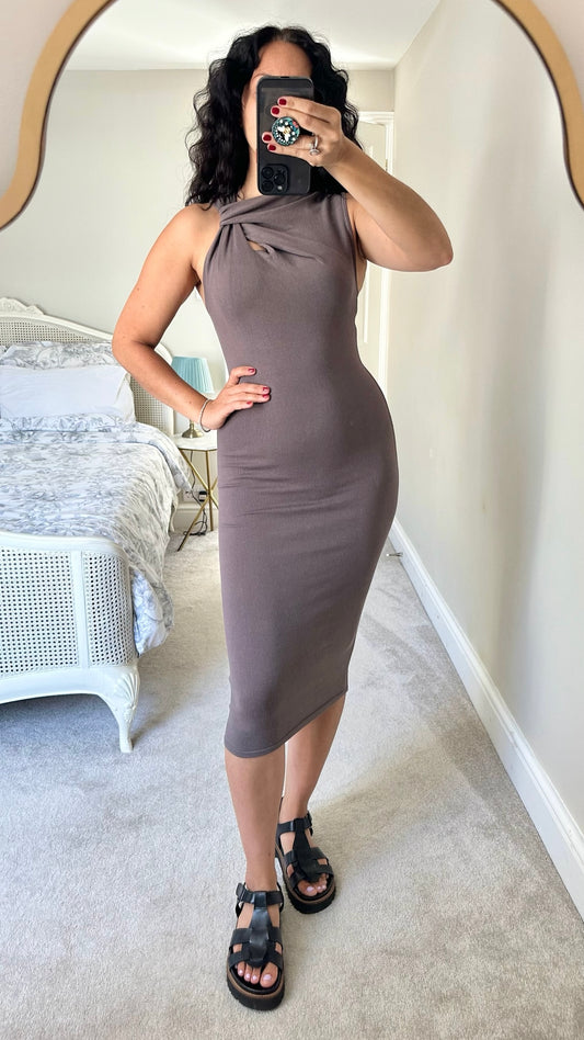 Zara mink twist front bodycon midi dress small S UK 8 vgc