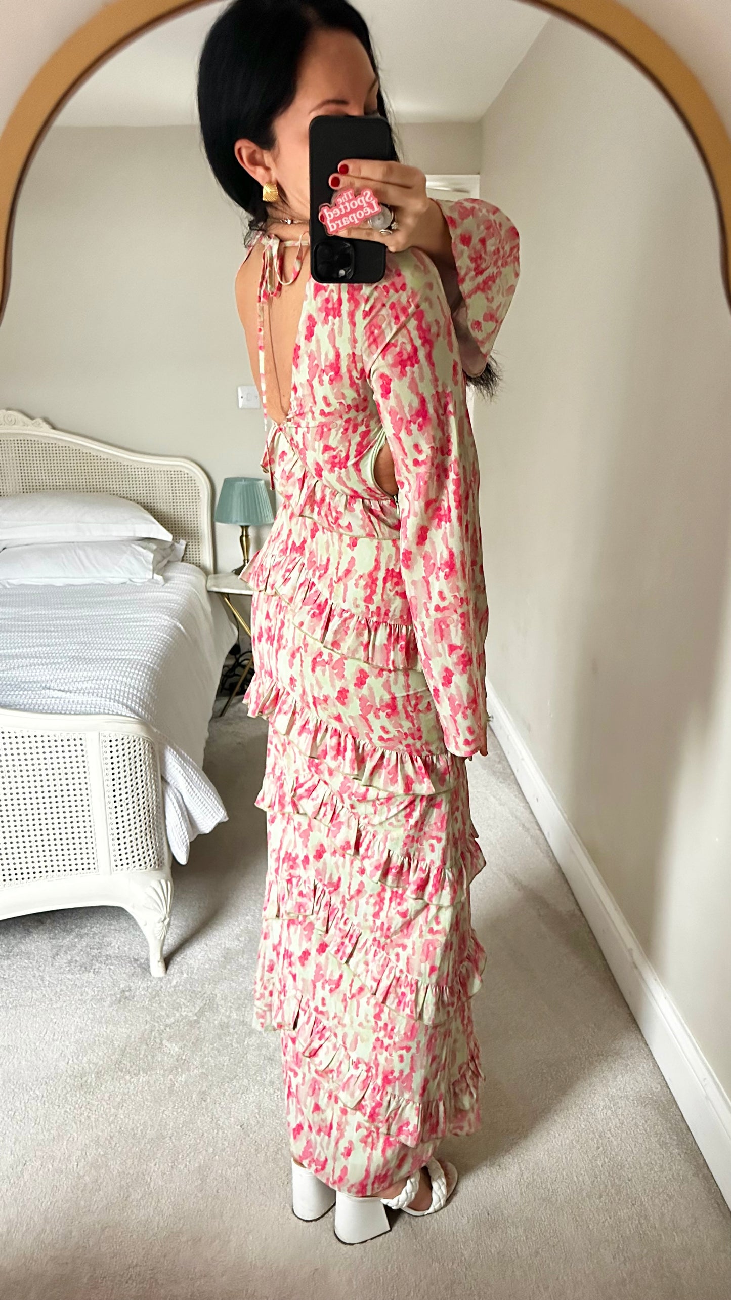 Pretty Lavish mint green fuschia pink splatter frilled maxi long dress small UK 8 vgc event