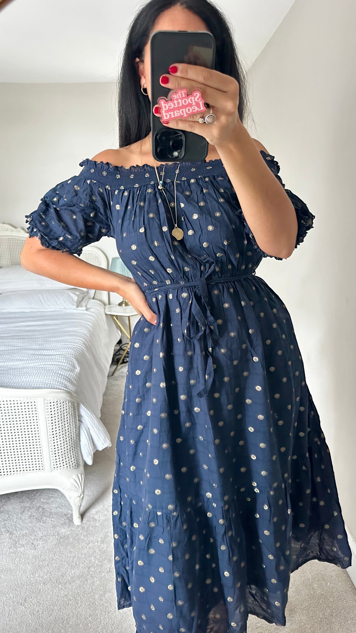 Oliver Bonas navy blue gold printed cotton event dress small UK 8 vgc