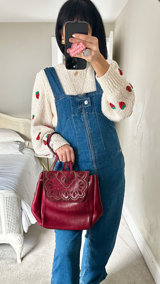 And/or John Lewis burgundy red real leather satchel handbag bag studded vgc