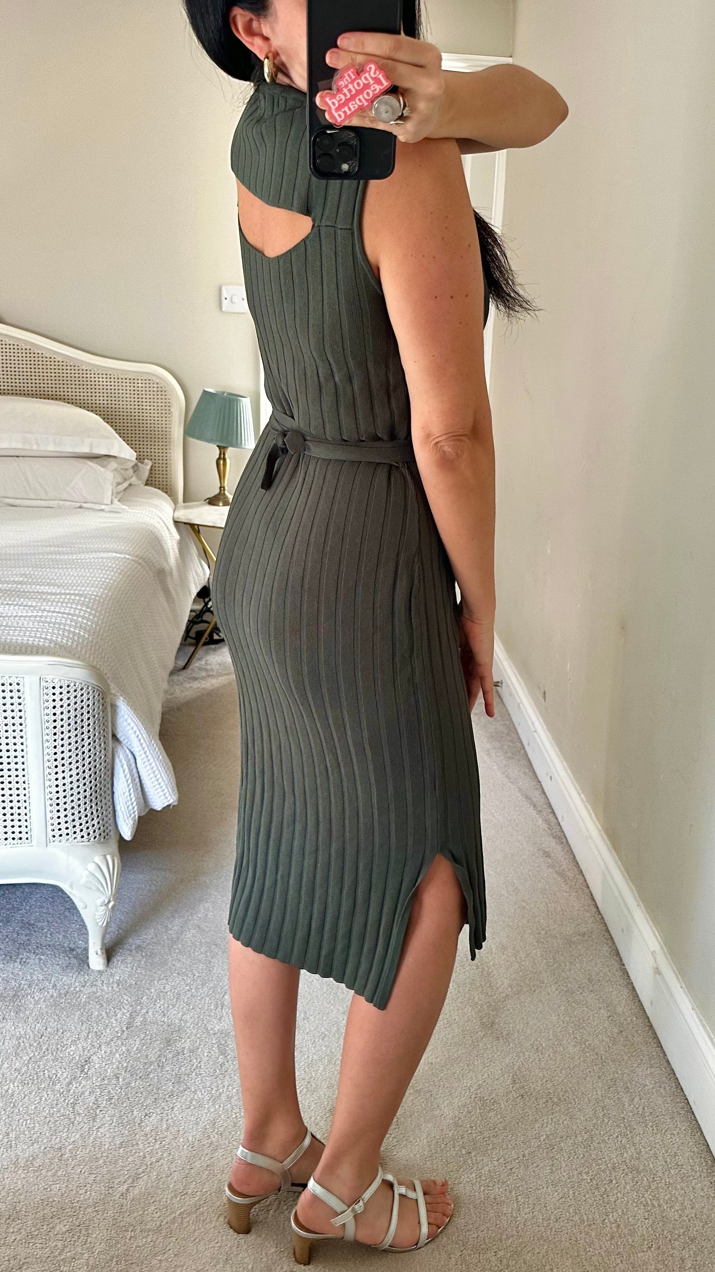 Oliver Bonas Olive khaki green ribbed stretch midi dress small medium UK 10-12 vgc
