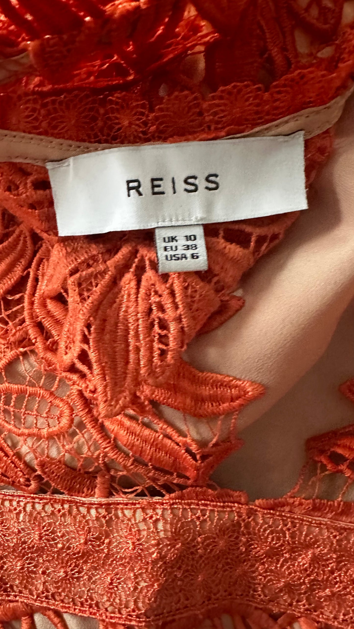 Reiss burnt orange lace mini event wedding guest dress small UK 8-10 vgc