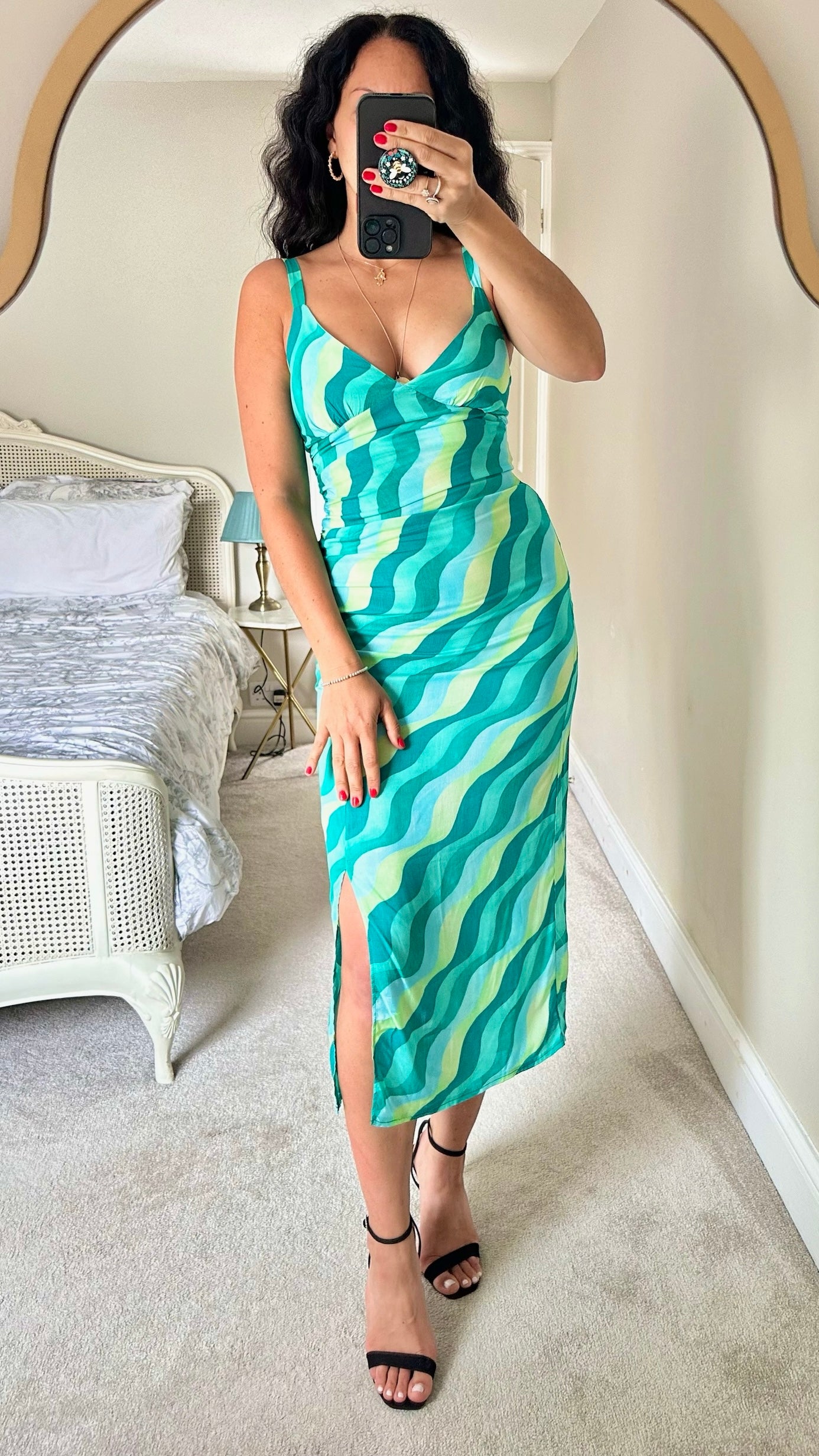 Zara green blue wave sidesplit midi dress holiday small S UK 8 vgc