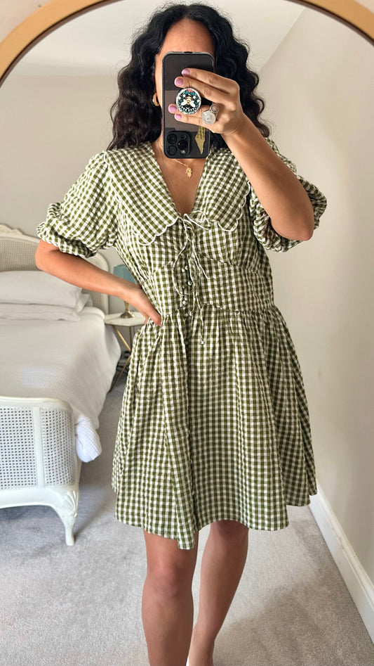 Nobody’s Child khaki green white gingham check mid length casual dress extra large UK 14 vgc