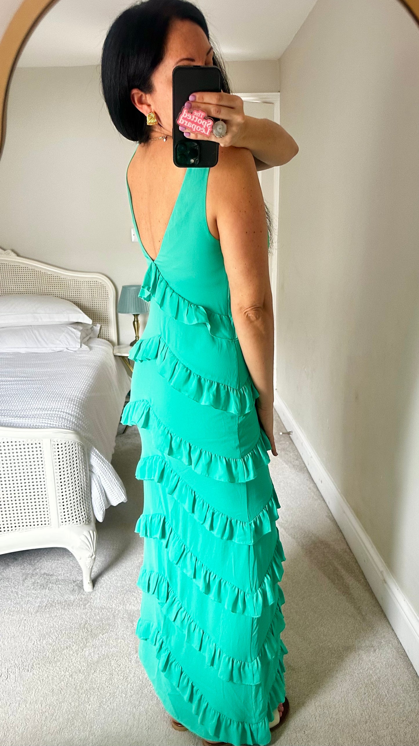 Pretty Lavish turquoise green frill maxi long event dress small UK 10 vgc