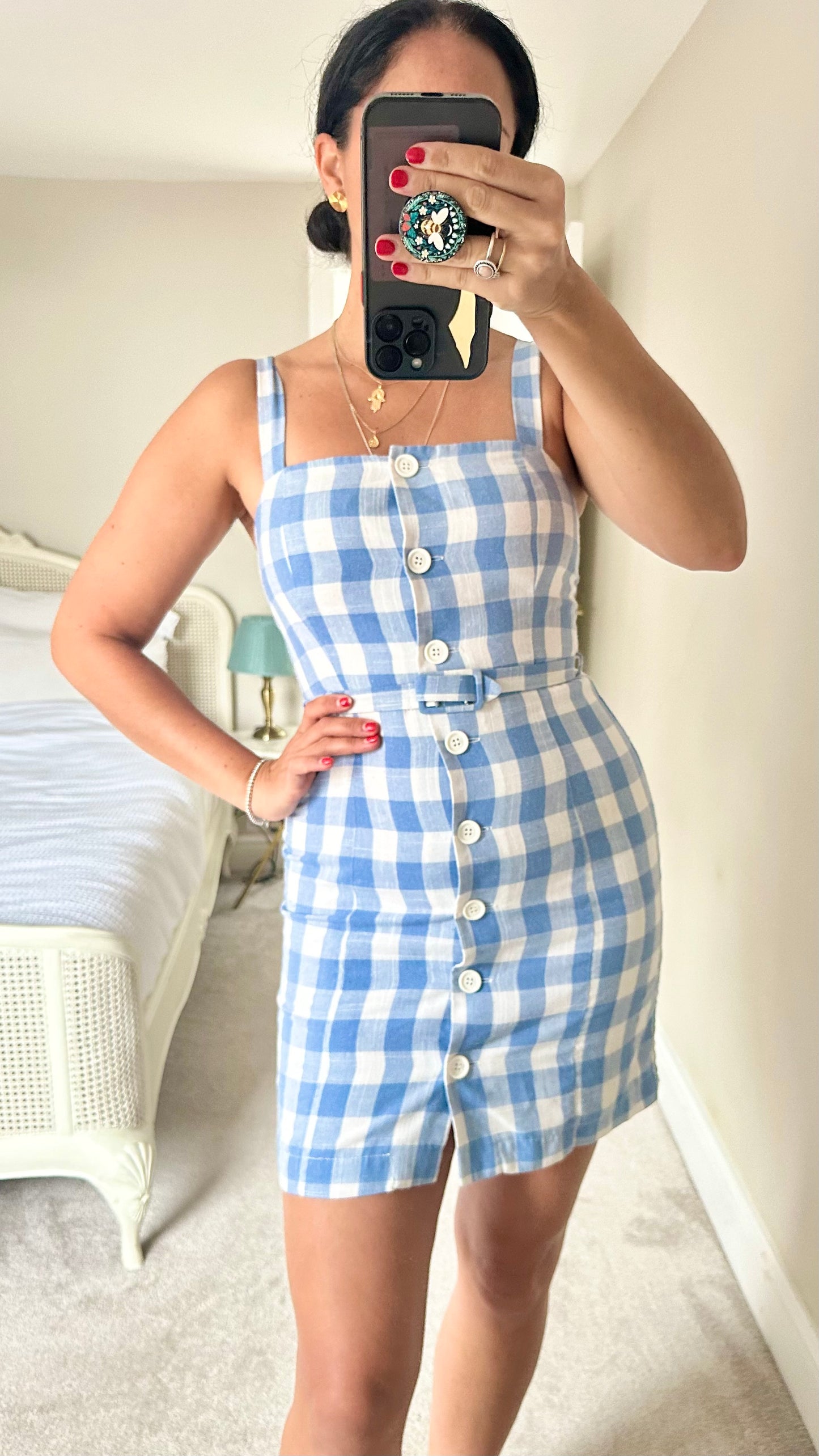 Nobody’s Child light blue white gingham check mini dress small UK 8 vgc