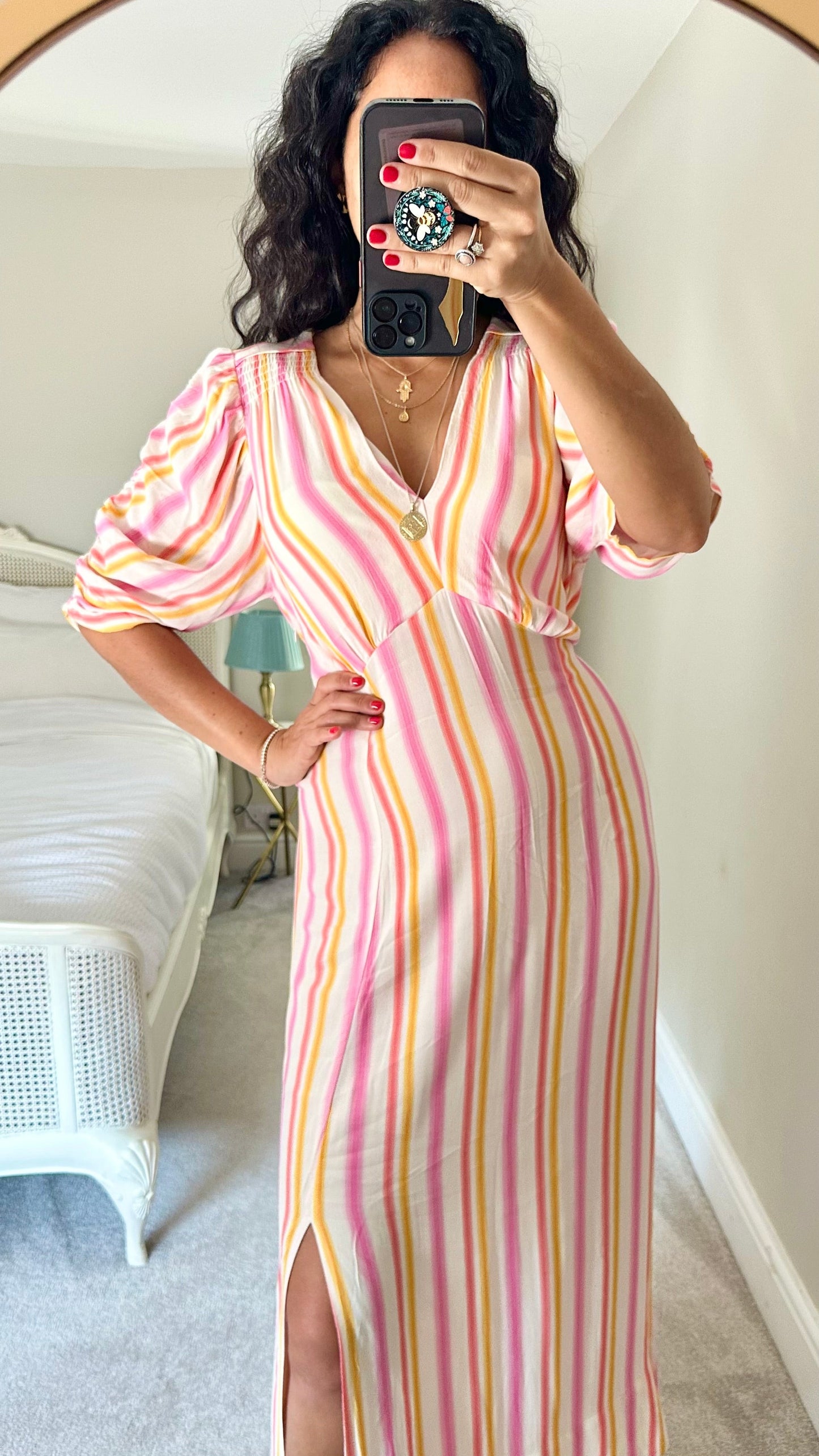 Oliver Bonas white pink orange stripe midi long wedding guest event dress medium UK 14 vgc