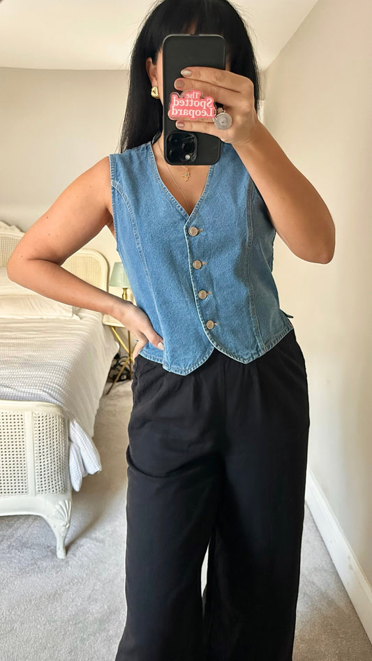 Albaray navy blue button up denim jeans waistcoat top medium UK 12 vgc