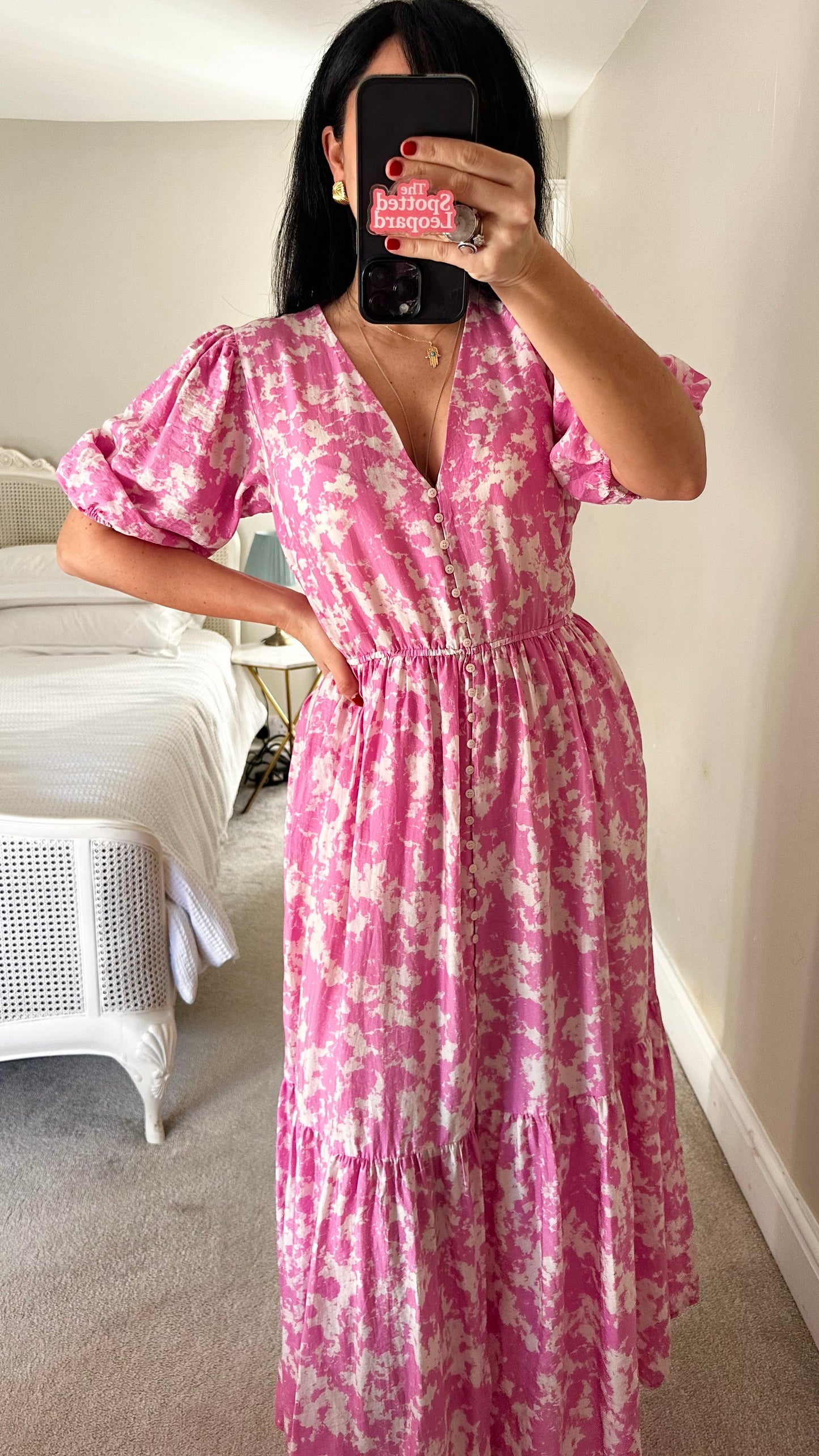 & other stories pink white cloud splatter print maxi long dress medium UK 12-14 vgc