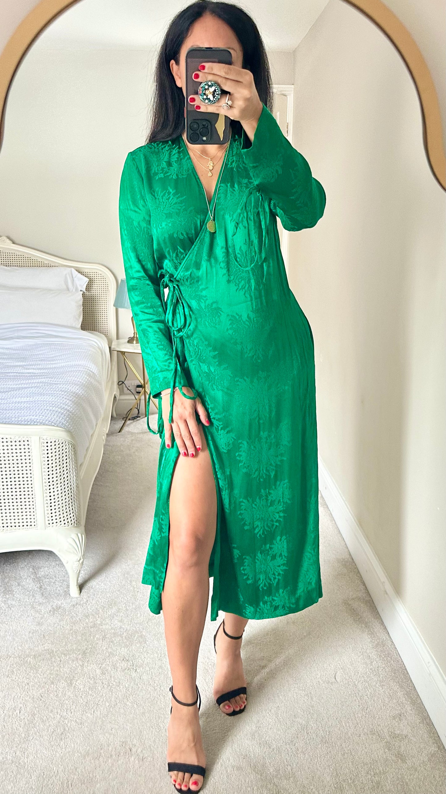 Kitri emerald green satin feel midi wrap event dress medium UK 10-12 vgc