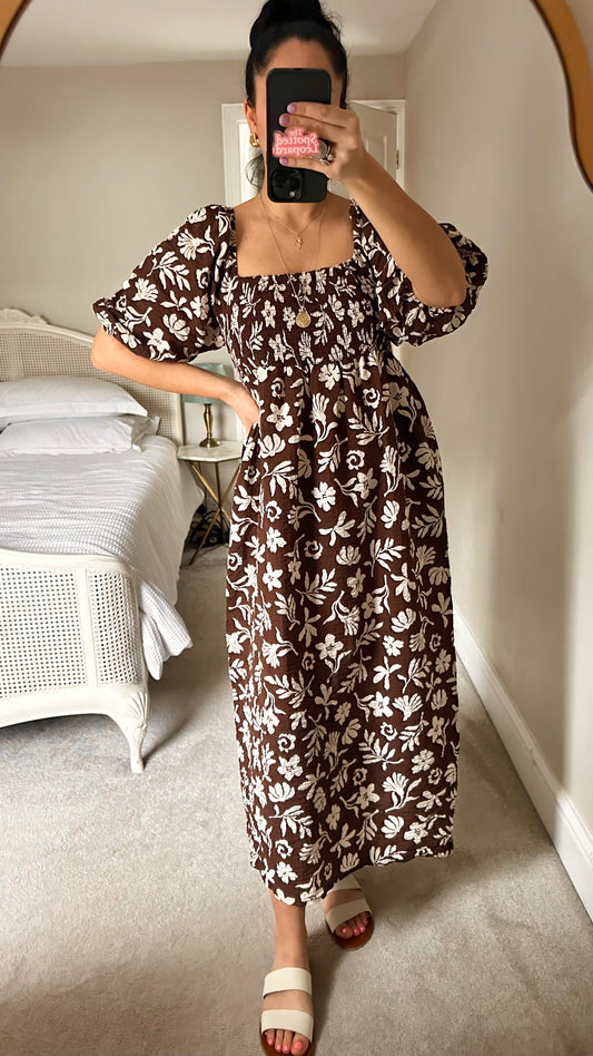 Nobody’s Child brown white Island tropical print midi long maxi holiday dress medium new UK 12