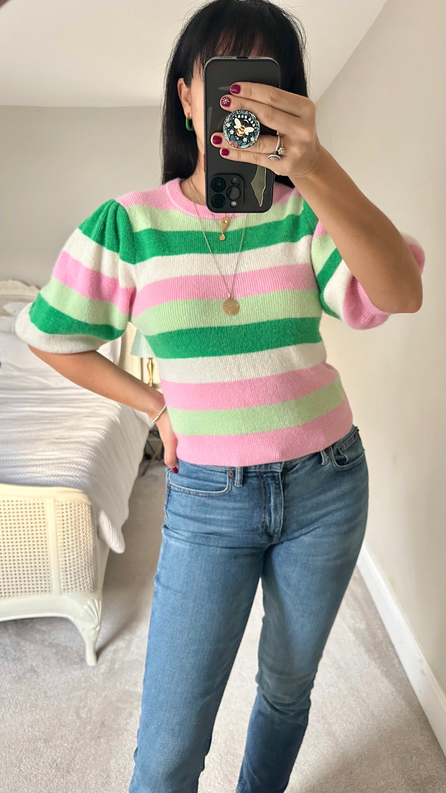 Kitri green pink stripe alpaca wool blend knitted jumper large UK 12 vgc