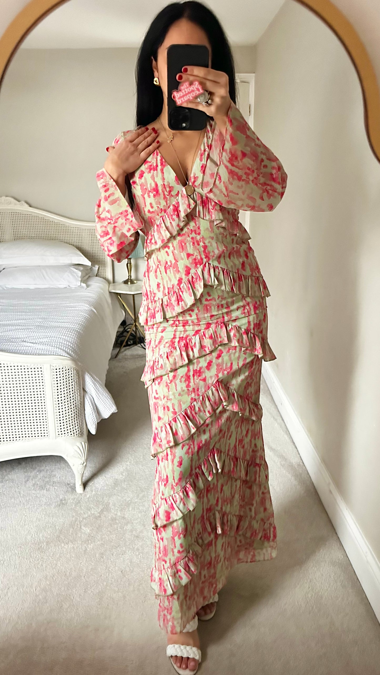 Pretty Lavish mint green fuschia pink splatter frilled maxi long dress small UK 8 vgc event