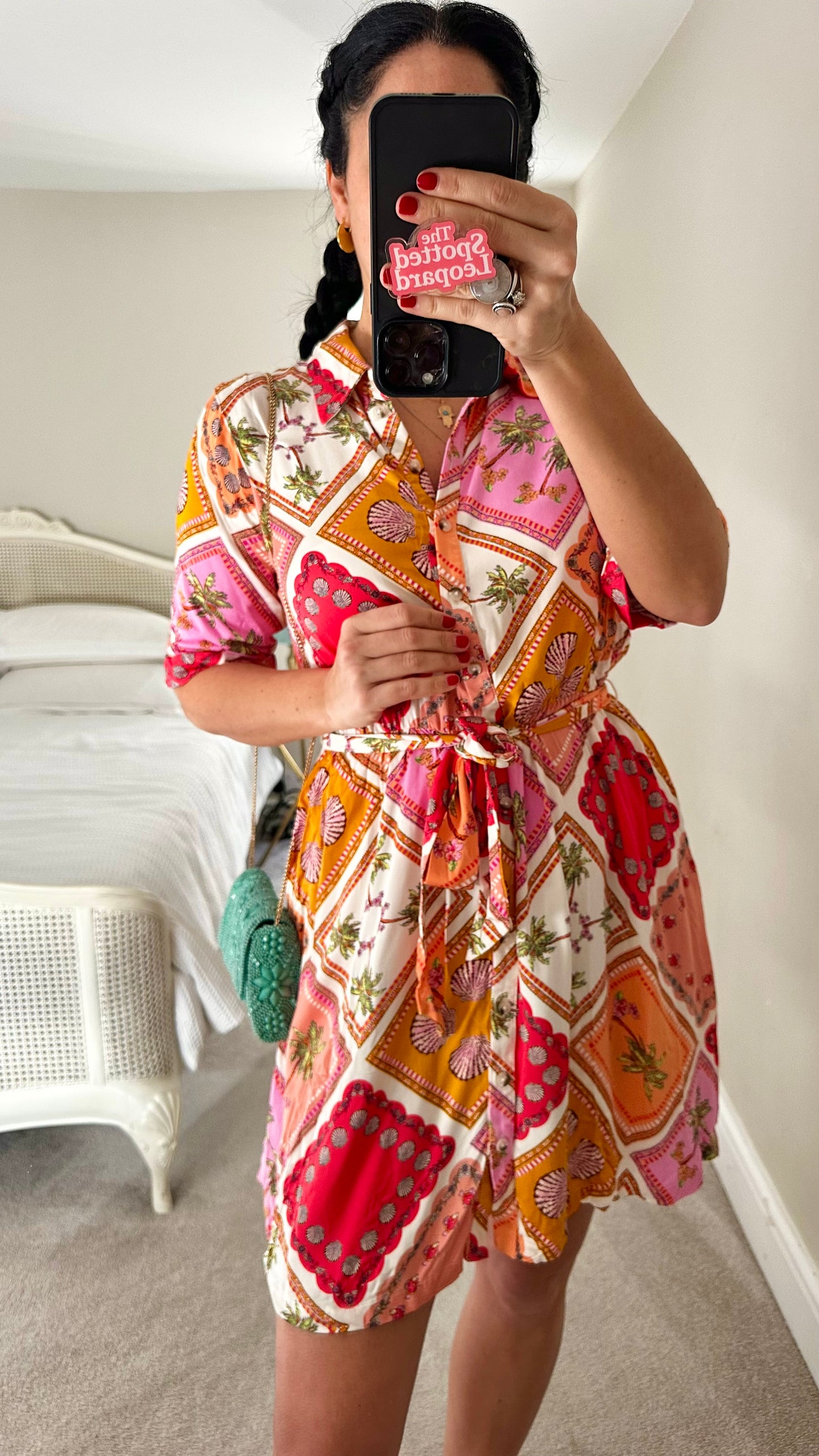 Oliver Bonas red pink shell print holiday shirt dress small medium UK 10-12 vgc