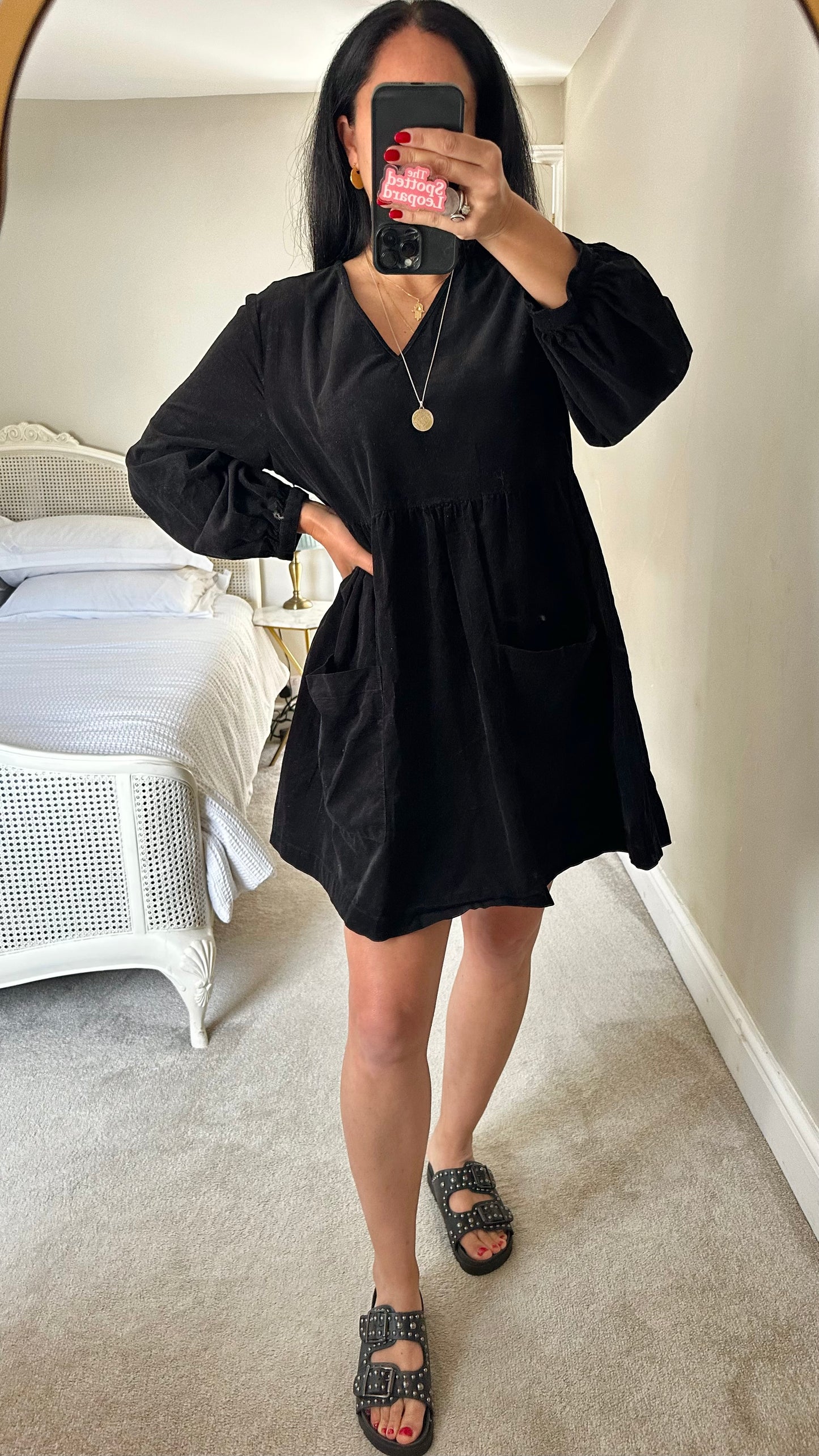 Albaray black corduroy mini dress medium UK 14 vgc casual