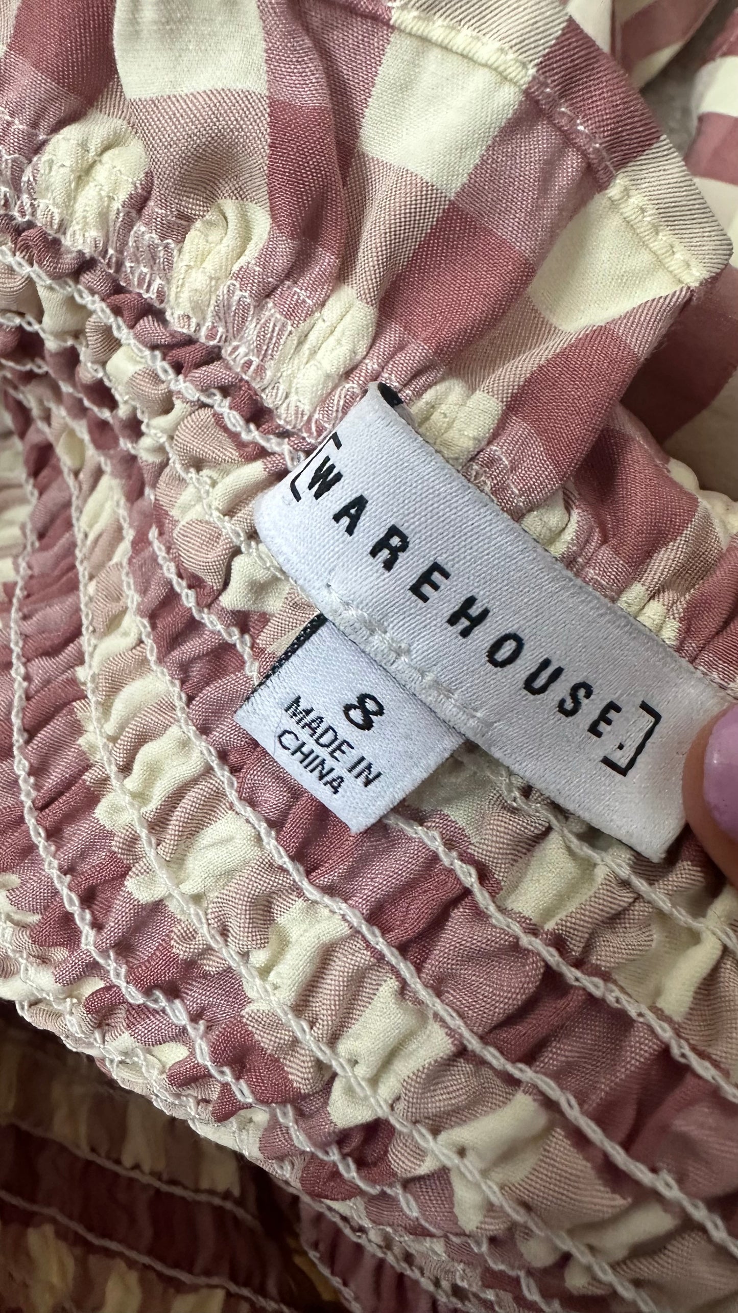 Warehouse burgundy beige gingham check midi long dress small UK 8 vgc