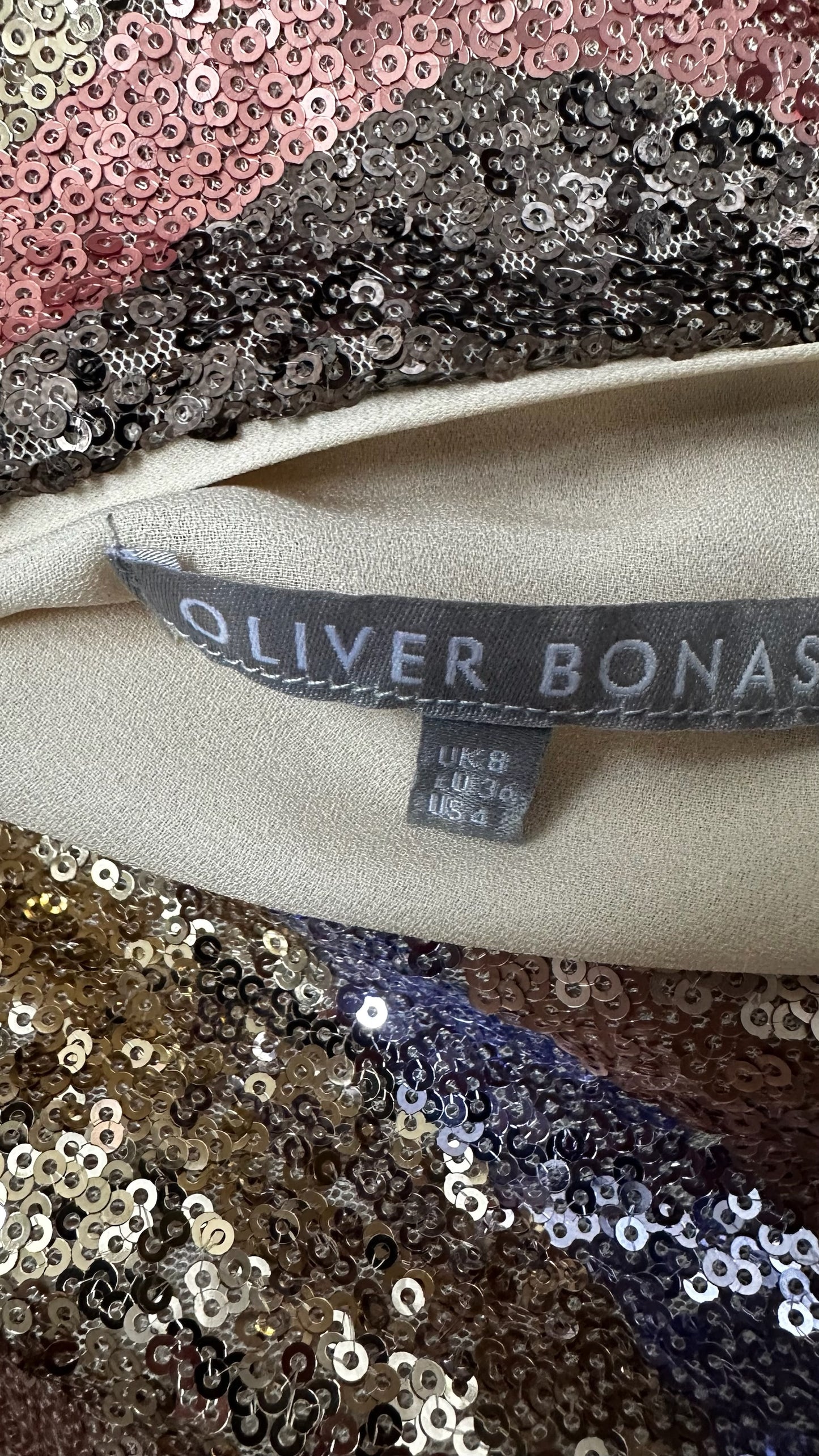Oliver bonas cream gold blue sequin squiggle stripe mini event dress small UK 8 vgc