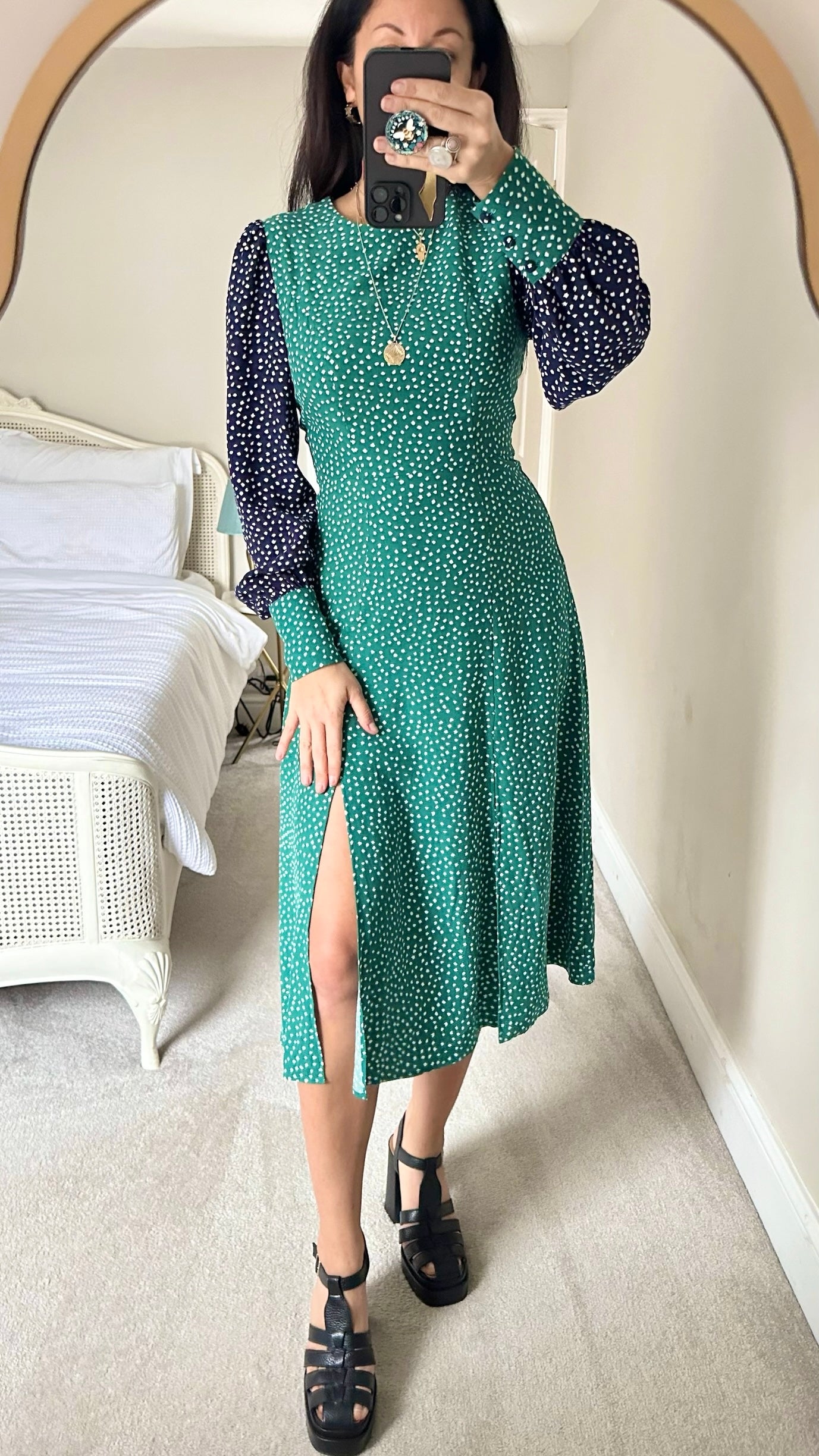 Kitri navy blue green polka dot double split midi dress small S UK 8 vgc